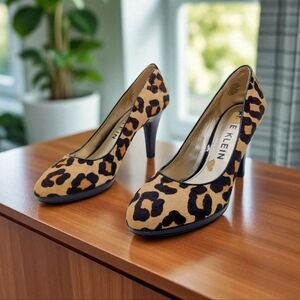 Anne Klein Lolana Leather Fur Leopard Print Heels Sz 8.5